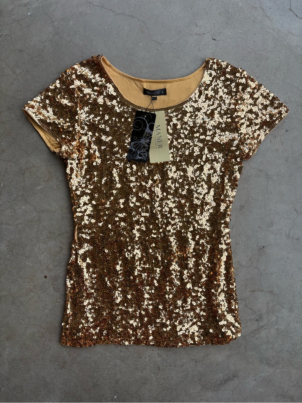 ✨New Gold Sequin MANER Short Sleeve Top Size S. Sparkly Party Holiday Festival